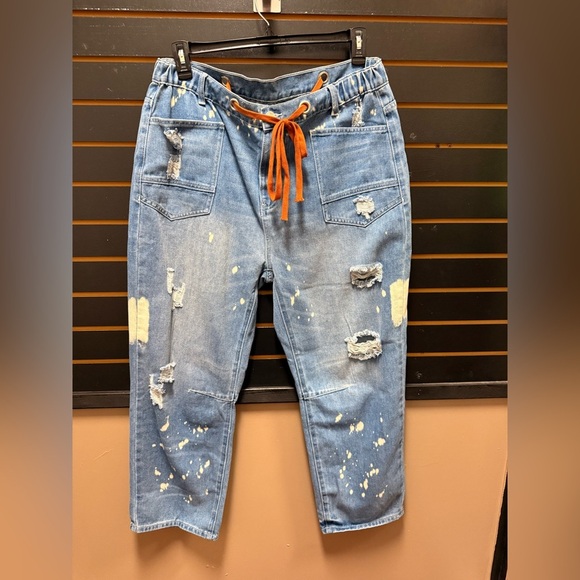 Denim - NWT Blue Ripped Splattering Paint Rope Waist Cropped